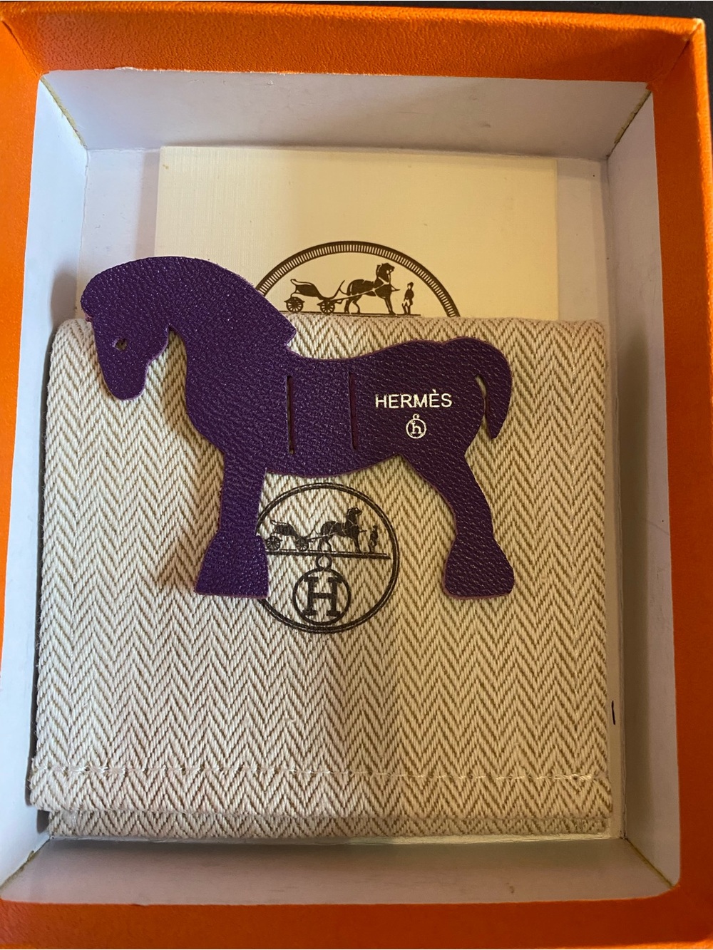 Hermès Petit H Purple Leather Horse Bag Charm with Hermes Ribbon. Authentic